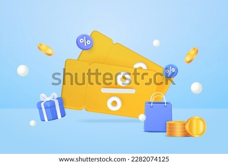 A bright yellow coupon, voucher with a gift, gift box, percentage sign and scattered coins. Sale by online promo code. Finance shopping online sale concept.3d vector illustration. Royalty-Free Stock Photo #2282074125