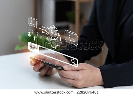 Chatbot with AI (Artificial Intelligence), search engine, businessman using smartphone connecting to AI, use command prompt for generates idea something or solve problems, digital transformation, SEO.