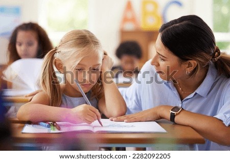 Teacher, learning and sad girl drawing in classroom, studying or assessment. Teaching, development and depressed kid or unhappy student with woman helping for art education with book in kindergarten.