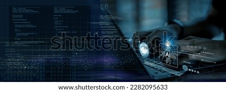Man using technology smart robot AI, artificial intelligence by enter command prompt for generates something, Ai technology, Artificial Intelligence. Chat with AI Royalty-Free Stock Photo #2282095633
