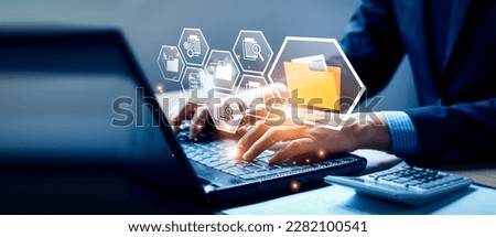 Document Management System (DMS), software to store, organize, track, and manage digital documents. Centralized repository for efficient creation, storage, retrieval, and distribution. Royalty-Free Stock Photo #2282100541