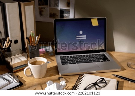 messy office workspace. Messy and cluttered office desk. Messy business office with piles of files and disorganized clutter. Royalty-Free Stock Photo #2282101123