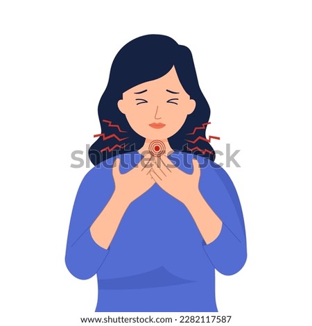 Young woman having sore throat symptom from virus or bacteria in flat design on white background. Royalty-Free Stock Photo #2282117587