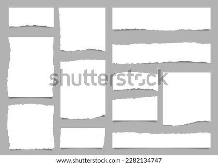 White torn paper rip pieces of sheet edge, note scrap or notebook pages, vector backgrounds. Notepad torn paper for message note, page or banner and cardboard blank ripped piece strips Royalty-Free Stock Photo #2282134747