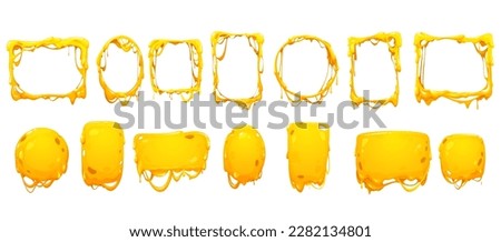 Cheese melt frames and borders of yellow sauce drips, vector Cheddar, Parmesan or Mozzarella. Cheese melting frames and borders of yellow cartoon cheesy flows for picture or photo background Royalty-Free Stock Photo #2282134801