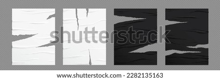 Realistic set of ripped glued wall posters isolated on transparent background. Vector illustration of blank black and white paper sheets with wet wrinkle effect. Old damaged announcement wallpaper Royalty-Free Stock Photo #2282135163