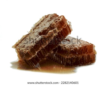 Fresh Honeycomb slice and honey isolated on white background 