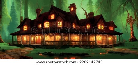 Enchanted cute fairy house in old forest vector illustration, magical dream fantasy forest with big vegetation, Fairy tales village with small houses. Panorama