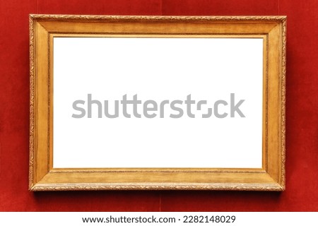 Antique art fair gallery frame on royal Red wall at auction house or museum exhibition, blank template with empty white copyspace for mockup design, artwork concept