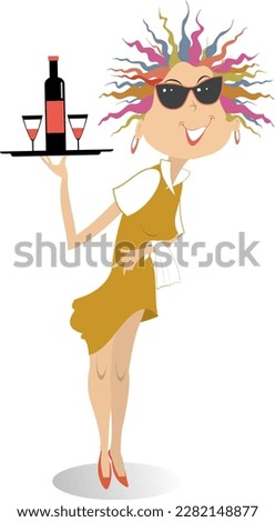 Young woman carries a tray with a bottle and glasses. Smiling young woman carries a tray with alcohol drink and two glasses. Isolated on white background