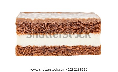 Three-layer chocolate cake with stripes, side view, isolated on white background with clipping path