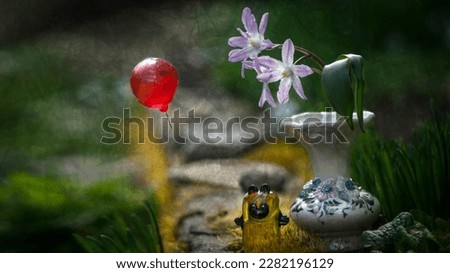 Fairy tale character in the rays of the sun.A figurine made of glass against the backdrop of a bright location.Animated glass character.Stylized picture.