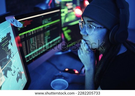 Woman, computer and hacker thinking with headphones and programming for cybersecurity. Music, radio podcast and female reading map for hacking, location or phishing, idea or dark web at night in home