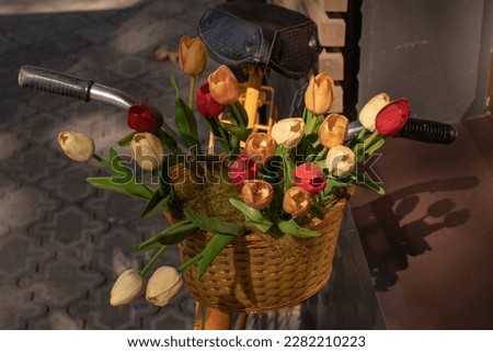 Multicolored tulips in a wicker basket of a yellow vintage bicycle.