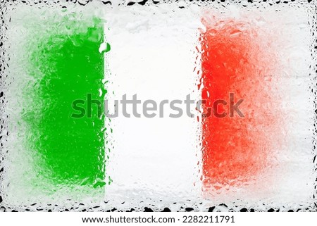 Italy flag. Flag of Italy on the background of water drops. Flag with raindrops. Splashes on glass. Abstract background