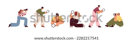 People searching with magnifying glass, binoculars. Curious characters looking through loupe lens. Find information, research concept. Flat graphic vector illustration isolated on white background