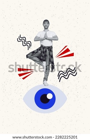 Collage absurd photo poster image of handsome man enjoy relax time meditating stand big eye isolated on painted background