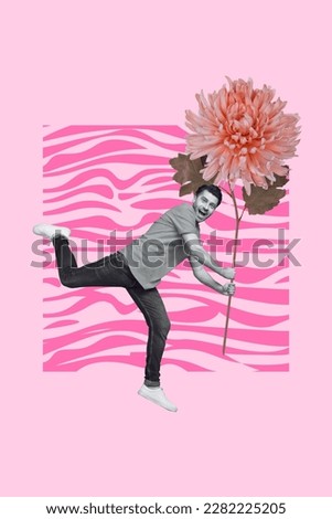 Vertical collage 3d photo poster postcard picture of positive man go date celebrate holiday event occasion isolated on painted background