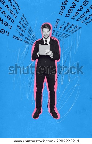 Vertical creative photo 3d collage of positive man wear formalwear preparing to read news on tv isolated on blue drawing background