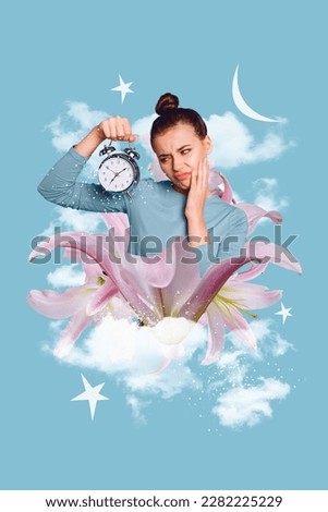 Artwork magazine collage picture of upset sad lady holding clock period time coming isolated drawing background