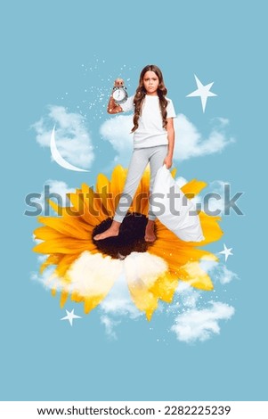 Creative retro 3d magazine collage image of little child holding clock standing flower blossom isolated painting background