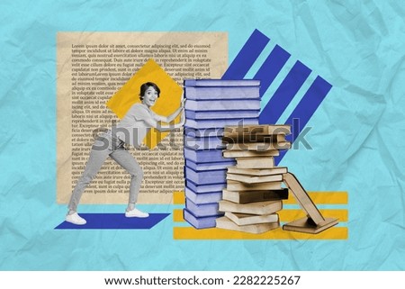 Creative collage picture of cheerful mini black white gamma girl push big pile stack book isolated on drawing blue background Royalty-Free Stock Photo #2282225267