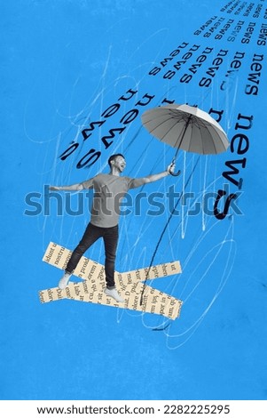 Vertical creative absurd collage 3d photo poster picture of young glad man hiding under parasol from news isolated on painted background