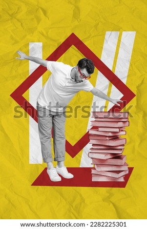 Vertical collage image of impressed black white gamma guy stand balancing big pile stack book isolated on yellow background