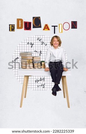 Collage photo image picture poster of little preteen boy diligent pupil solve math exercises isolated on painted background