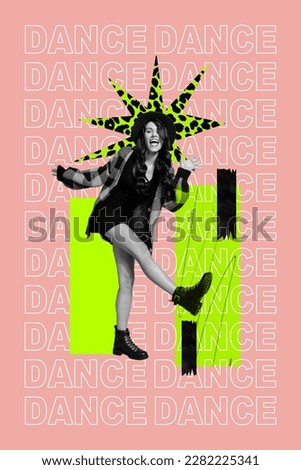 Creative 3d image picture photo collage poster magazine of happy gad lady have fun dance freestyle isolated on painted background