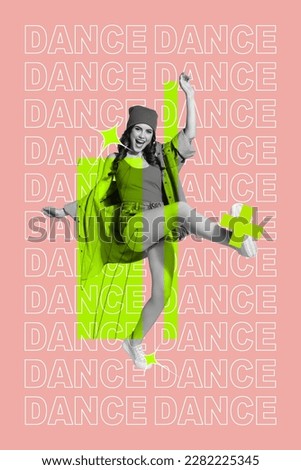Collage banner poster photo image magazine sketch of positive joyful lady dancing hiphop good mood isolated on drawing pink background