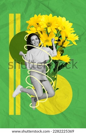 Vertical collage image of excited black white effect girl jumping raise fists big daisy flowers bouquet isolated on green background
