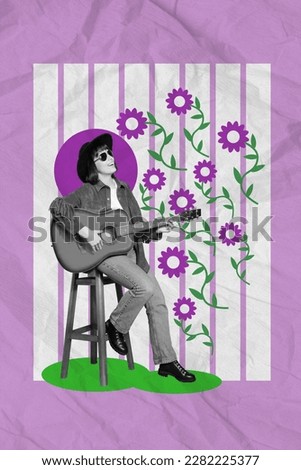 Vertical collage image of positive black white colors girl playing guitar singing drawing flowers isolated on purple background