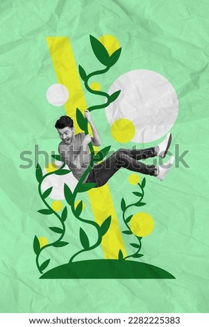 Vertical collage picture of black white colors overjoyed mini guy hands hold hanging big drawing plant flower