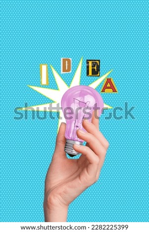 Vertical creative photo collage illustration of big human hand hold purple lightbulb got great new idea isolated on drawing background