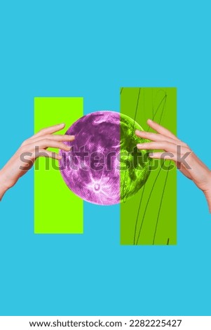 Photo collage artwork minimal picture of arms holding pink neon moon isolated drawing background
