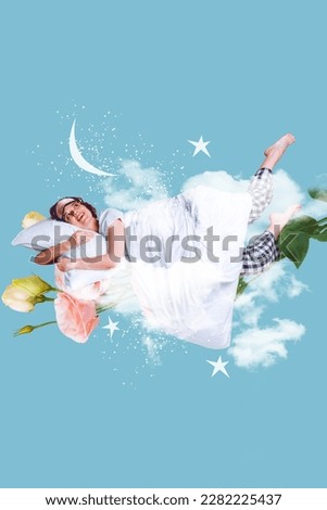 Vertical creative photo illustration collage of good mood impressed girl hug pillow laying on rose flowers isolated on blue sky background
