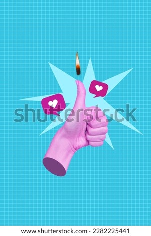 Collage 3d pinup pop retro sketch image of arm showing thumb up burning finger isolated painting background