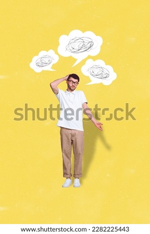Vertical image collage photo picture poster of minded man shrugging shoulders dont know answer isolated on painted background