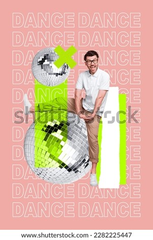 Vertical pink image collage photo picture poster postcard brochure of overjoyed man have fun night club isolated on drawing background
