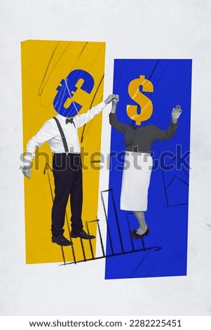 Photo collage artwork minimal picture of funny old couple dancing currency sigs instead of heads isolated drawing background