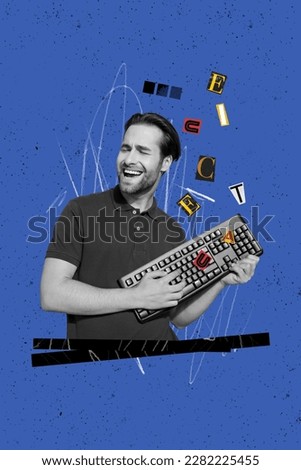Collage artwork graphics picture of funny funky guy playing computer keyboard isolated painting background