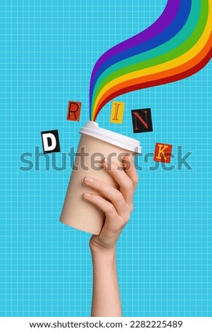 Vertical collage picture of arm hold coffee drink cup rainbow color aroma isolated on checkered blue background