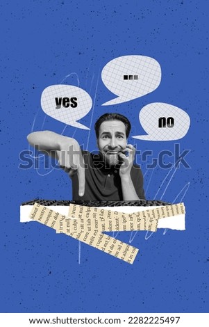 Photo collage artwork minimal picture of doubtful guy can not choose correct answer isolated drawing background