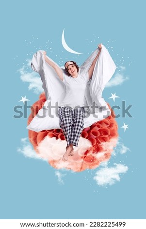 Vertical creative photo illustration collage of nice cute positive beautiful girl waking up stretching isolated on blue sky background