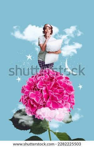 Vertical creative photo 3d collage of positive serious woman hold pillow finger on mouth hush silence isolated on blue sky background