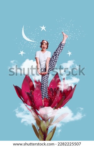 Vertical creative sketch 3d photo collage of carefree funny funky girl standing one leg on flower isolated on drawing sky background