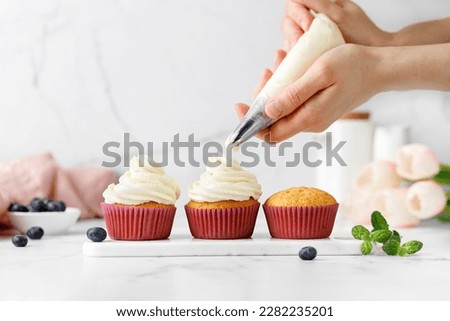 Making, decorating cupcakes, muffins with cream, blueberries and green mint leaves. Delicious homemade dessert. Pastry Process. Copy space. Pastry bag. Royalty-Free Stock Photo #2282235201