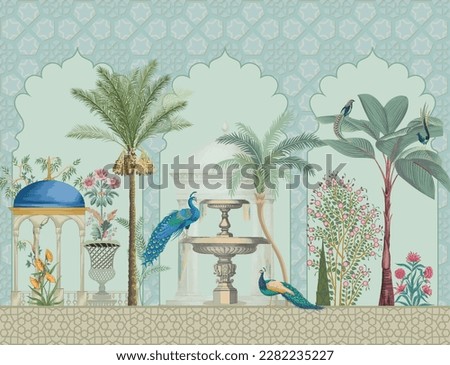 Decorative Moroccan pattern with palm tree, plant, bird, peacock illustration for wallpaper. Chinoiseries design