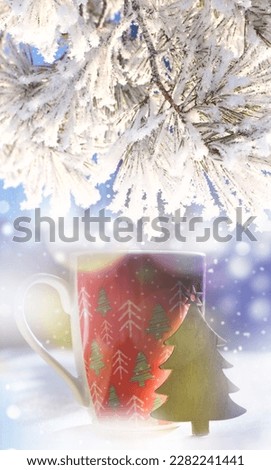 Christmas composition and fairy festive atmospheric mood. Xmas  decorations with cup and bokeh lights background. Christmas, New Year, winter holiday concept.